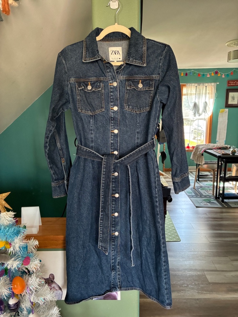 Zara Dark Indigo Denim Button-Front Midi Dress with Belt